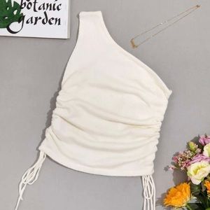 one shoulder drawstring top